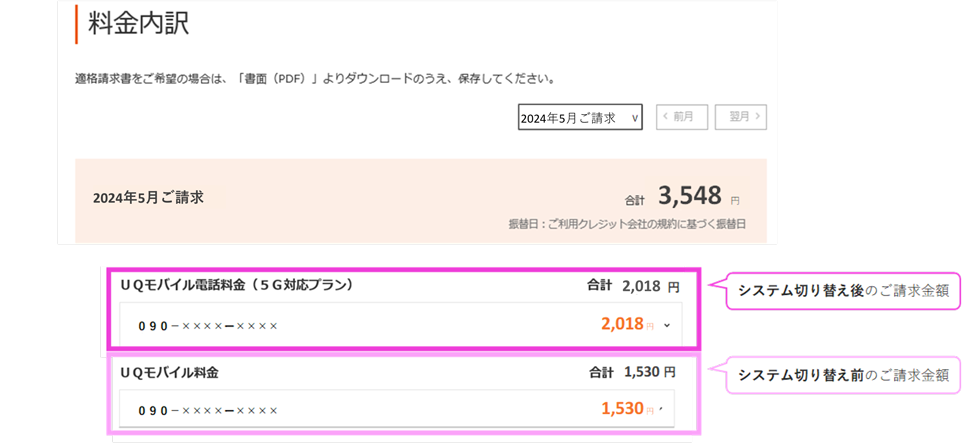 システム切り替え月の料金明細