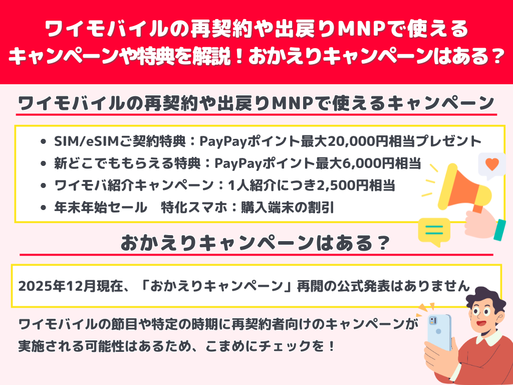 ワイモバイルの再契約や出戻りMNPで使えるキャンペーンや特典を解説!おかえりキャンペーンはある?