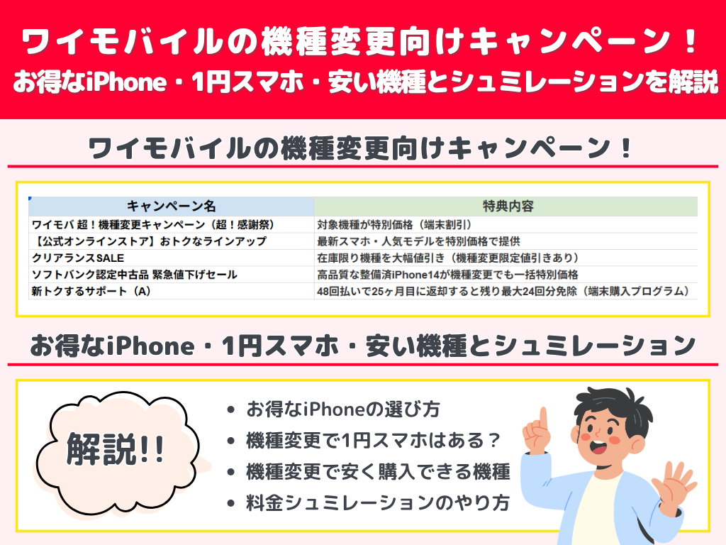 ワイモバイルの機種変更向けキャンペーン!お得なiPhone・1円スマホ・安い機種とシュミレーションを解説